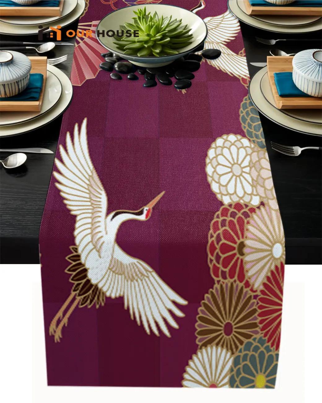 Crane Japanese Pattern Art Flower Mats Table Runner for Coffee Home Kitchen Wedding Table Decor Dining Table Non-sli